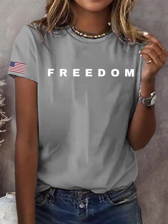Women's Freedom American Flag Print Casual T-shirt