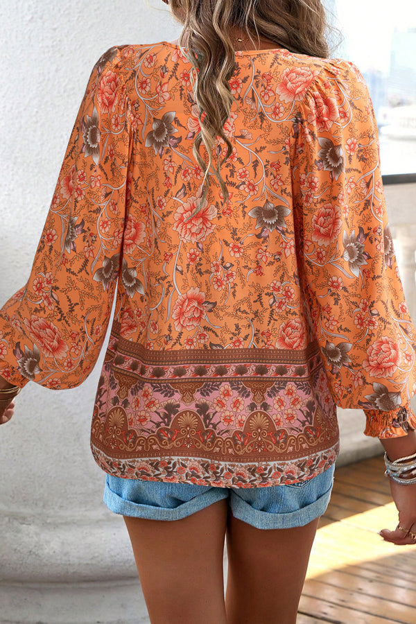 Floral Print Long Sleeve V Neck Casual Tops