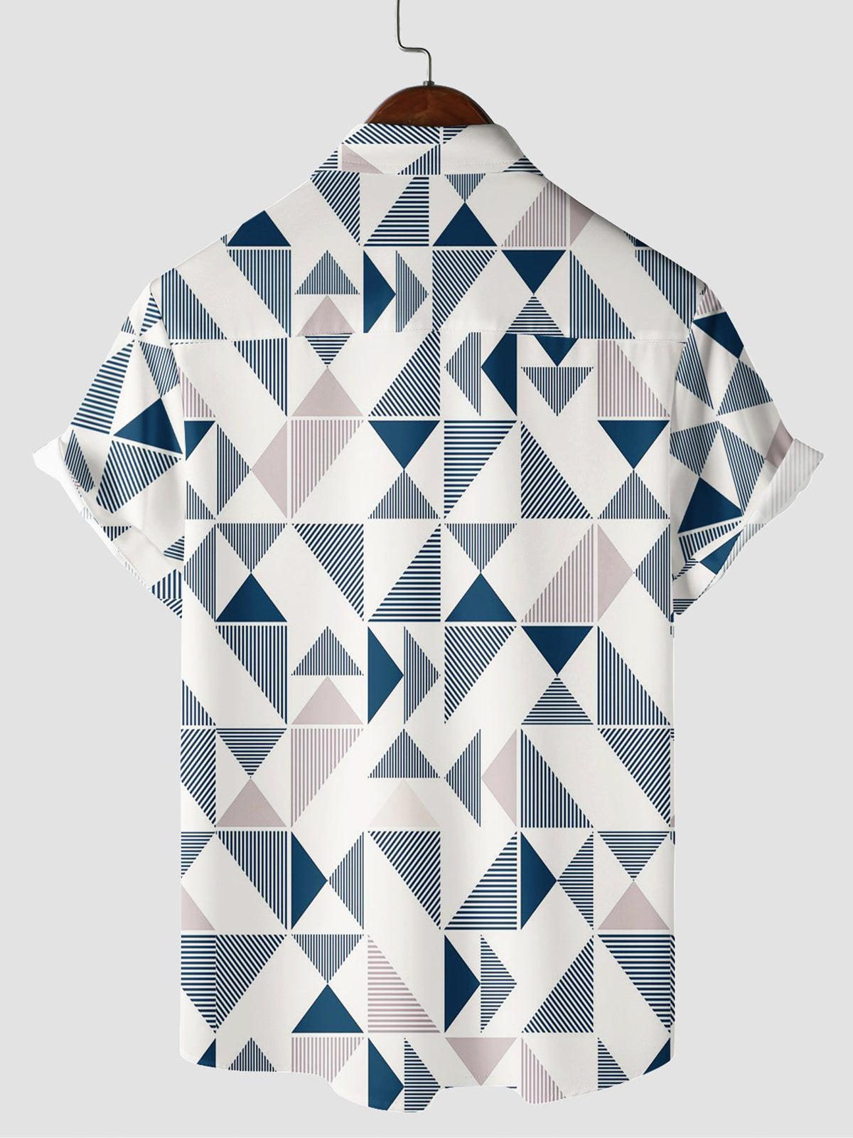 Men's Casual Art Blue and White Triangle Geometric Print Short Sleeve Summer Beach Button Up Shirt