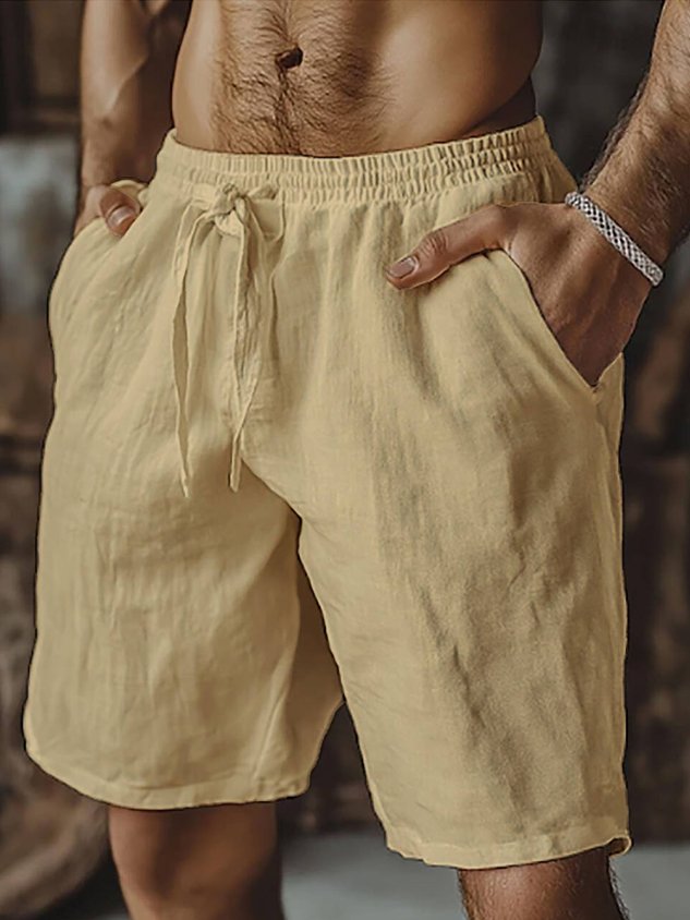 Hawaiian Vacation Solid Color Casual Cotton and Linen Men's Beach Shorts Big & Tall