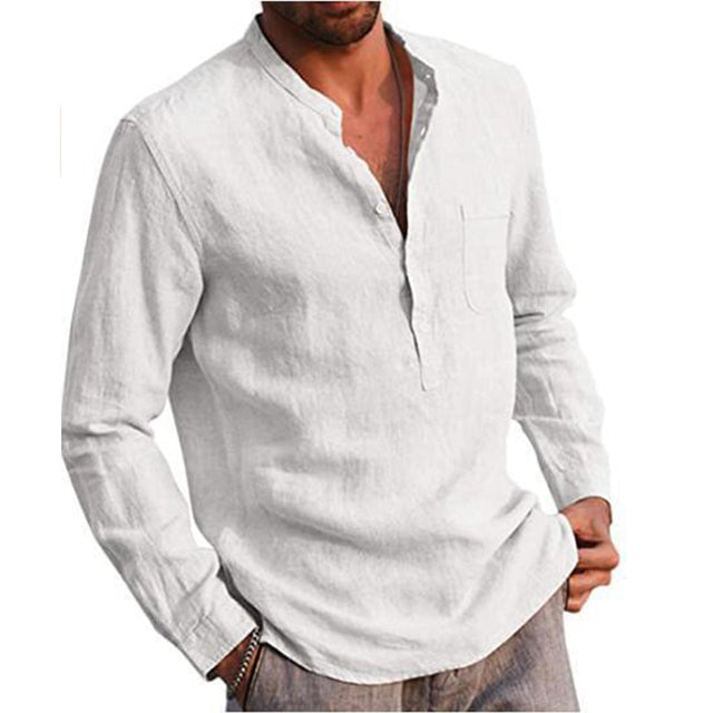 Men's Cotton Linen Summer Solid Color Stand-Up Collar Long-Sleeved Shirts
