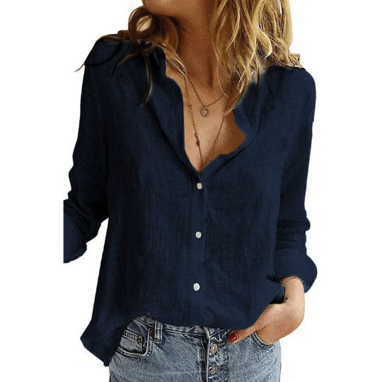 Womens V Neck Roll up Sleeve Button Down Blouses Tops