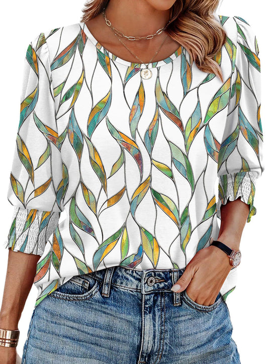 Ladies' casual round-neck three-quarter sleeve top summer printed casual T-shirt