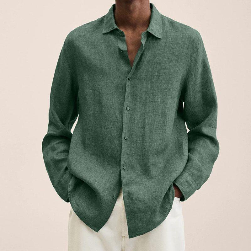 Men's Long Sleeve V-Neck Loose Button Cotton and Linen Cardigan Shirt