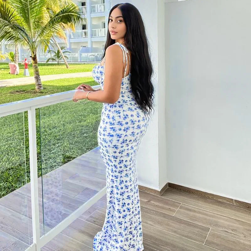 Women's Floral Off Shoulder Lace Up Deep V Neck Long Dress