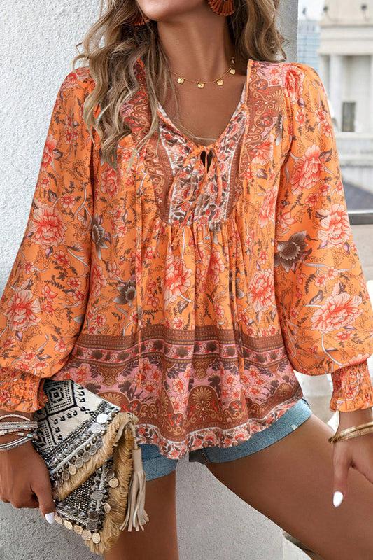Floral Print Long Sleeve V Neck Casual Tops