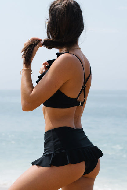 Black And Ruffle Shoulder Swim Skirt Bikini Set