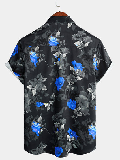 Men's Summer Casual Blue Floral Button Up Short Sleeve Holiday Cool Beach Shirt