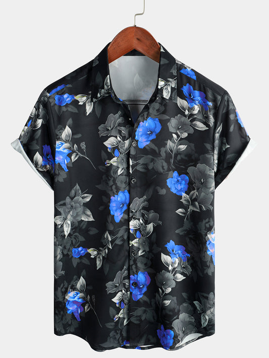 Men's Summer Casual Blue Floral Button Up Short Sleeve Holiday Cool Beach Shirt