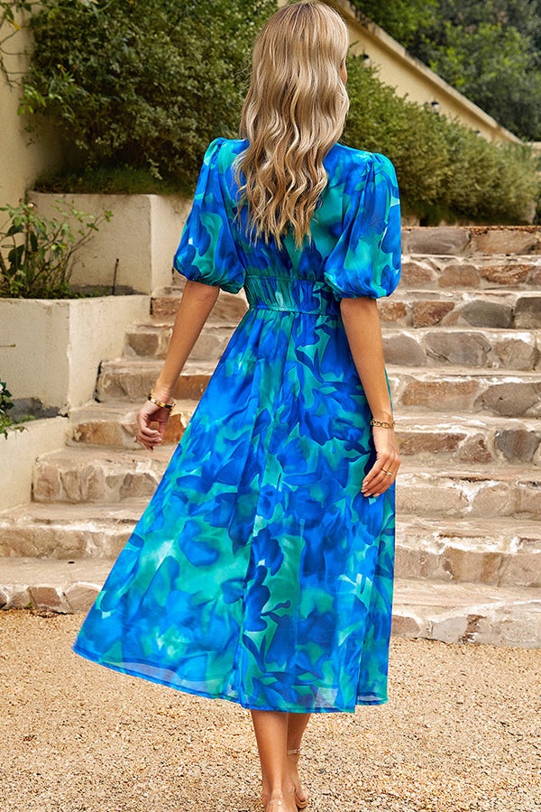 Fashion V Neck Smocked Waist Floral Print Maxi Dress