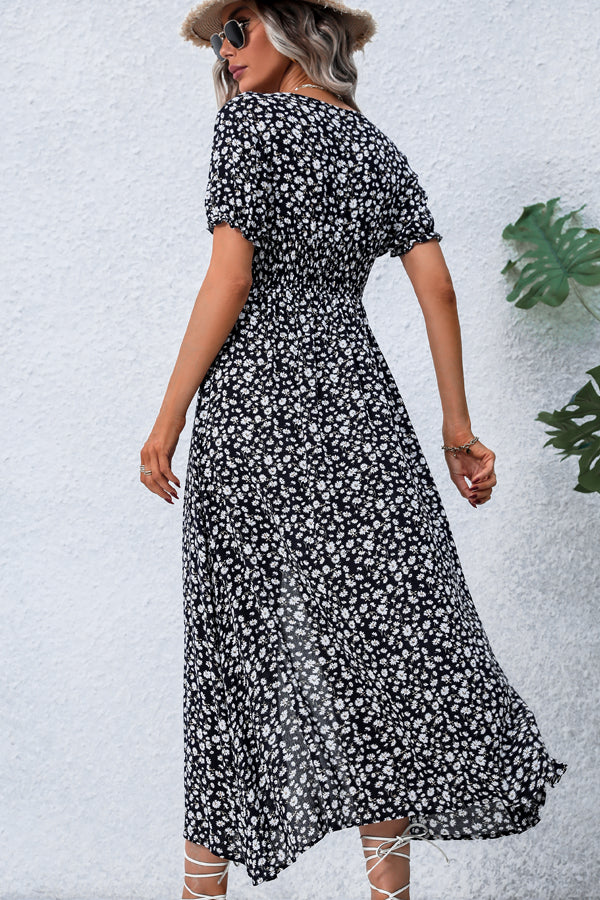 V Neck Smocked Chest Floral Print Maxi Dress