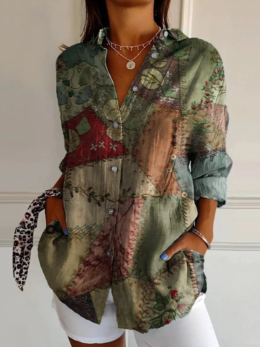 Women's Embroidered Floral Pattern Linen Blend Street Shirt