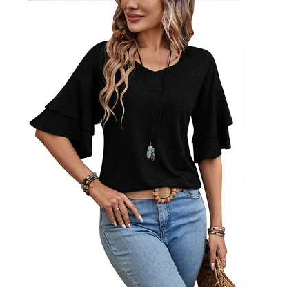 summer solid-color V-neck double-layer sleeve loose short-sleeve T-shirt