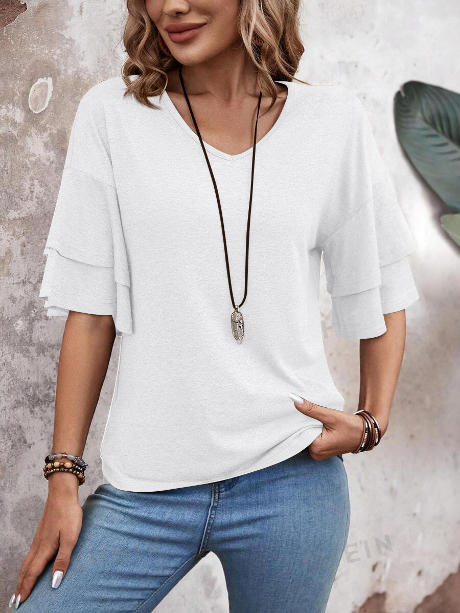 summer solid-color V-neck double-layer sleeve loose short-sleeve T-shirt