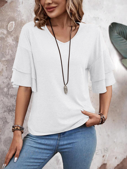 summer solid-color V-neck double-layer sleeve loose short-sleeve T-shirt