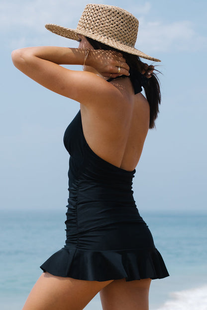 Halter Neck Ruched Tummy Control Tankini Swimskirt Set