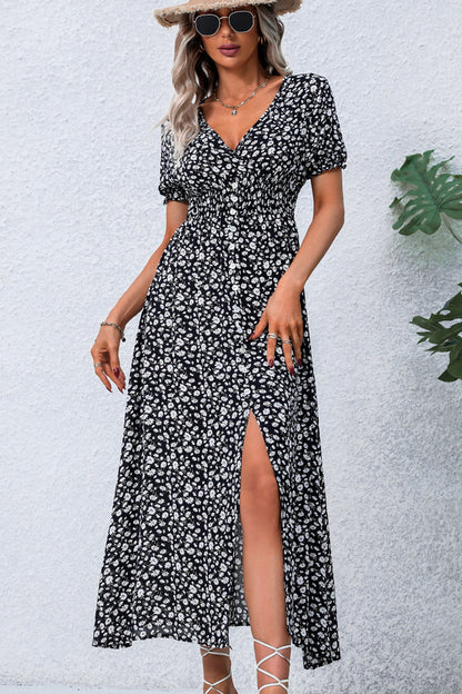 V Neck Smocked Chest Floral Print Maxi Dress