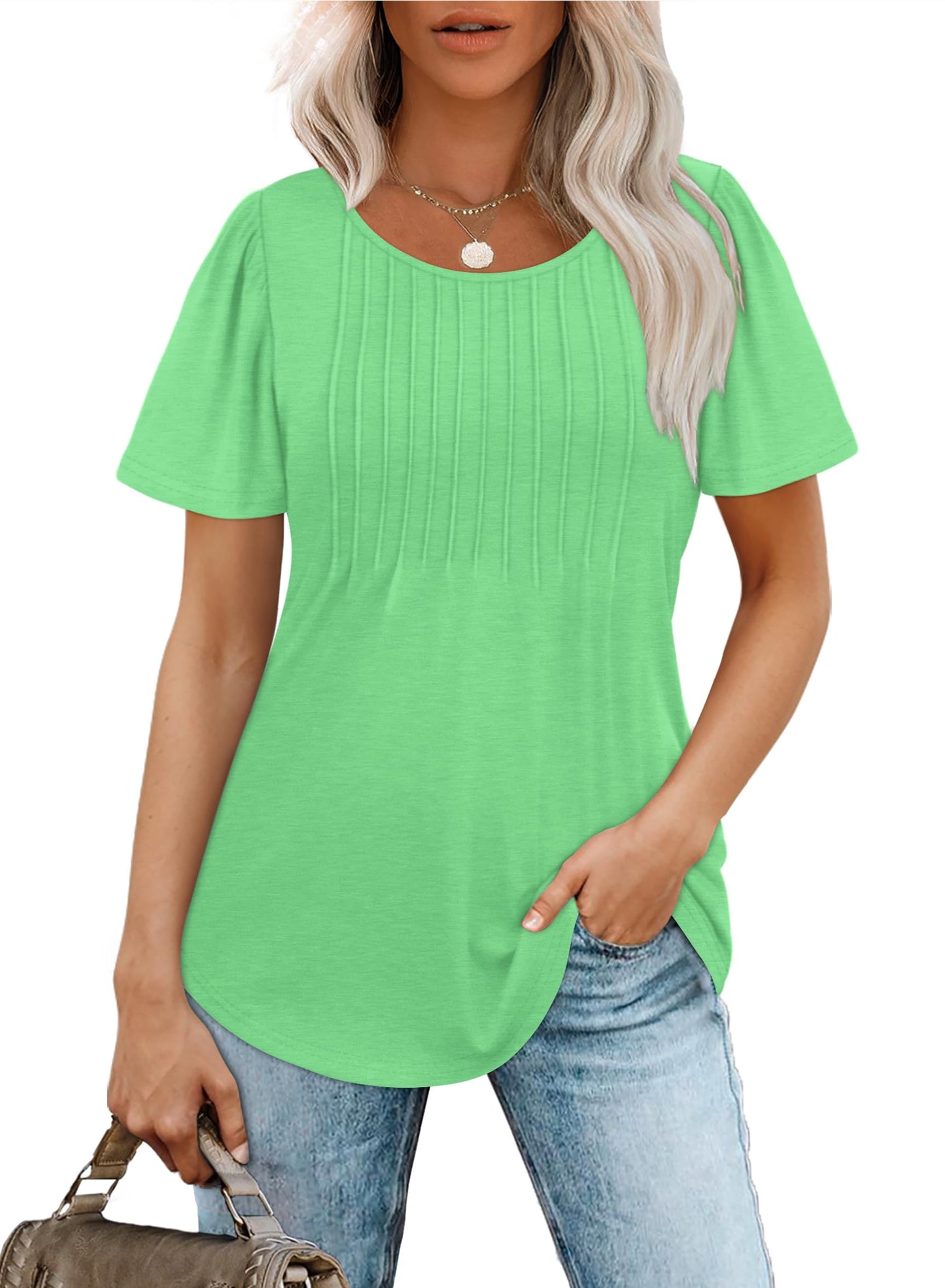 ✨Women's Short Sleeve Pleated Dressy Casual Scooped Neck Tops (Buy 3 Free Shipping)