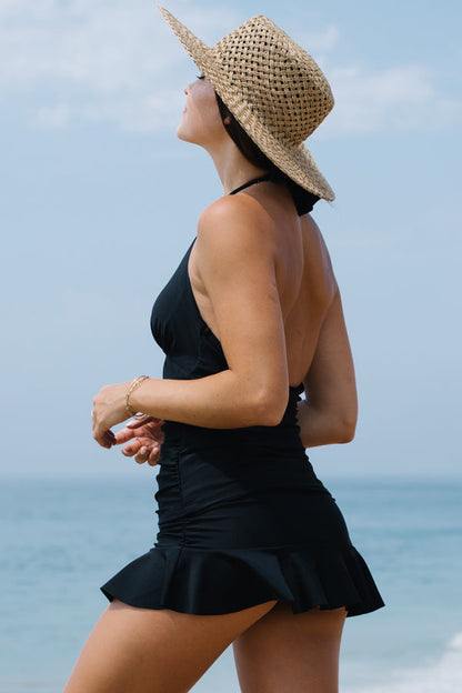 Halter Neck Ruched Tummy Control Tankini Swimskirt Set