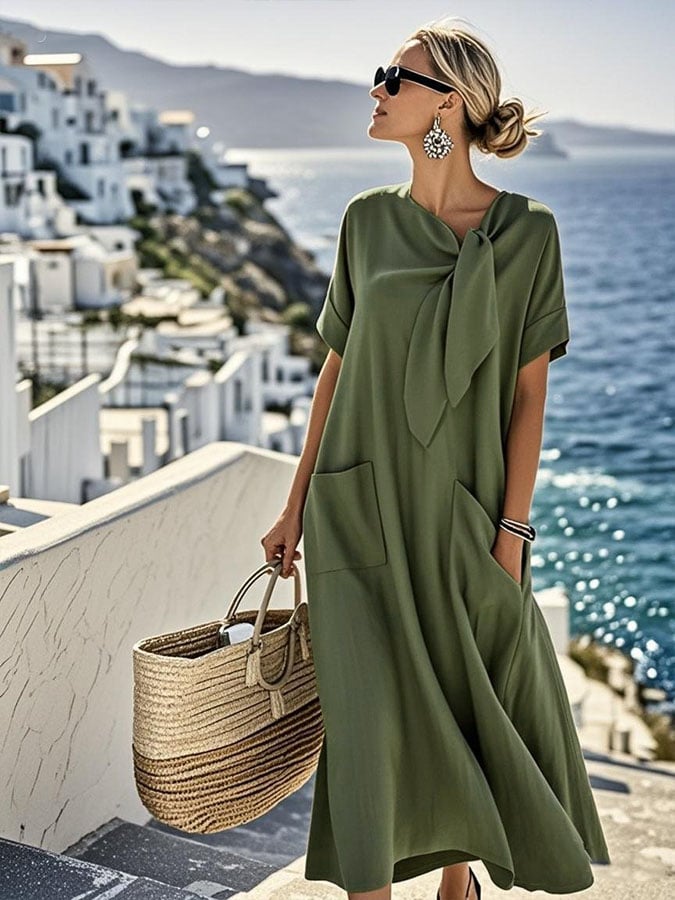 Women'S Solid Color Loose Cotton And Linen Pocket Dress