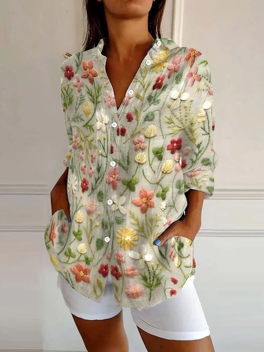 Women's Embroidered Floral Pattern Linen Blend Street Shirt