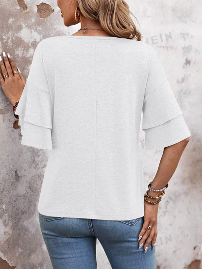 summer solid-color V-neck double-layer sleeve loose short-sleeve T-shirt