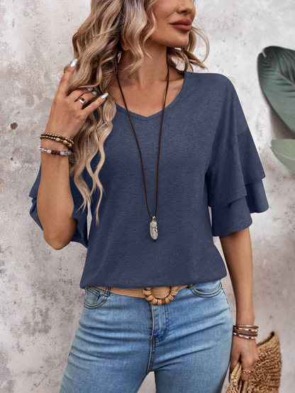 summer solid-color V-neck double-layer sleeve loose short-sleeve T-shirt