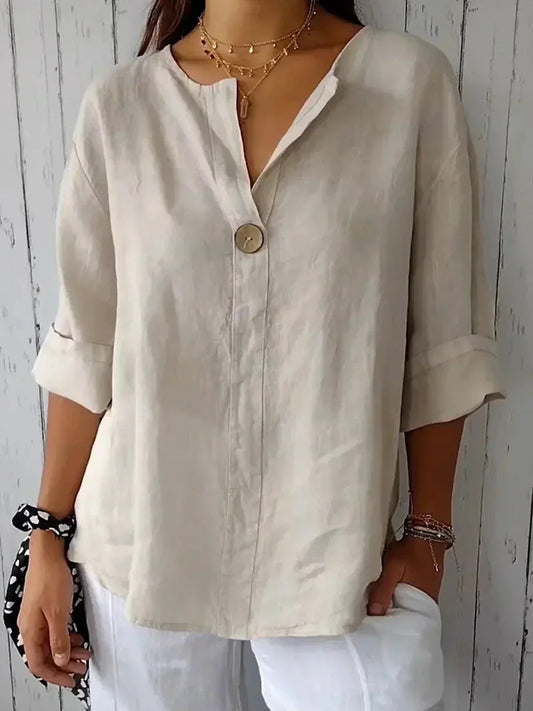 Linen V-Neck Casual Blouse