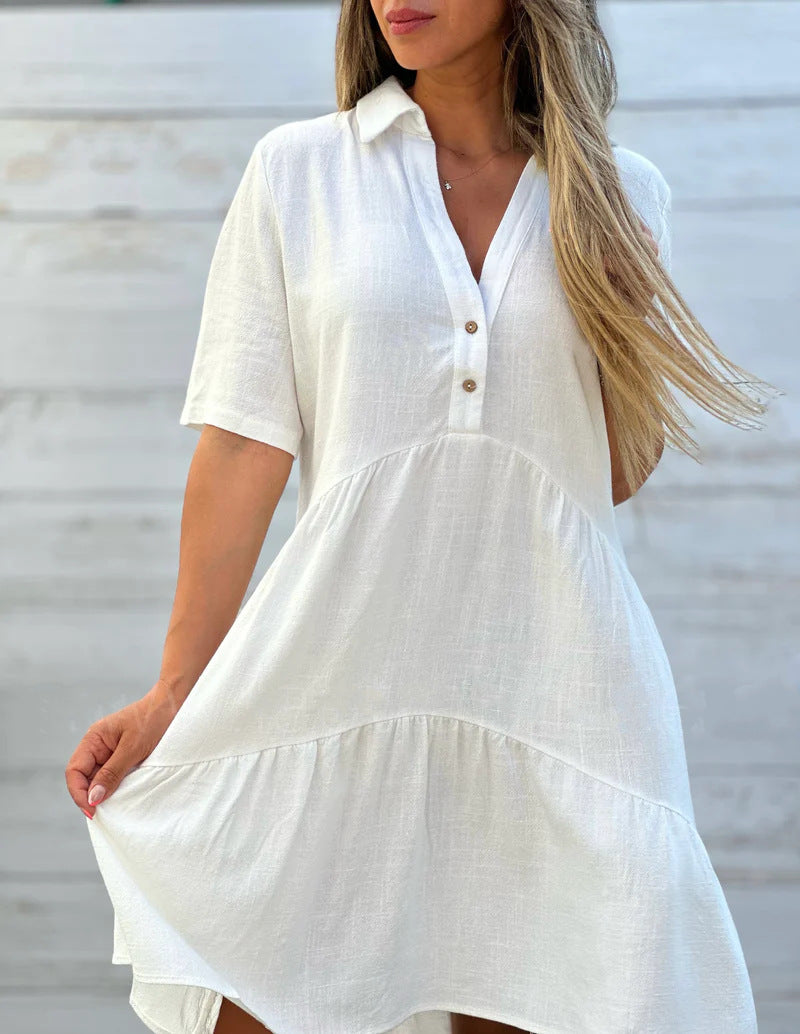 Loose Solid Color Lapel Casual Short-sleeved Cotton Linen Dress
