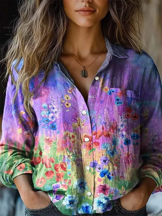 Women's Vintage Colorflu Floral Art Print Casual Cotton And Linen Shirt