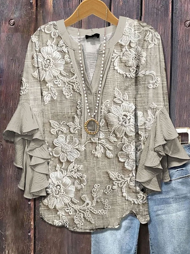 Women's vintage blouse-style multi-layer ruffled top with 3D printed vintage floral pattern, 3/4 length sleeves