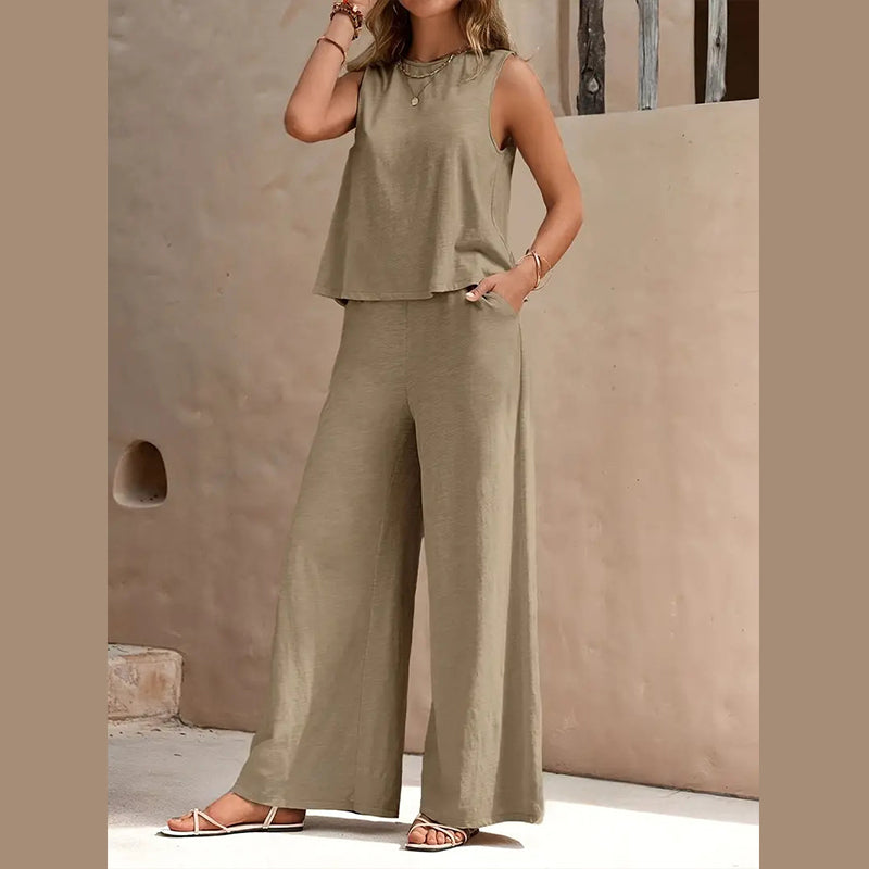 2025 Solid color elegant two-piece crewneck vest and wide-leg pants suit for women