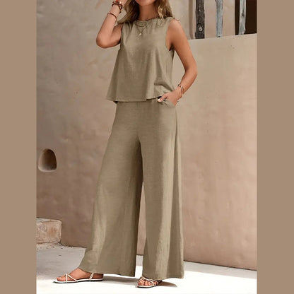2025 Solid color elegant two-piece crewneck vest and wide-leg pants suit for women