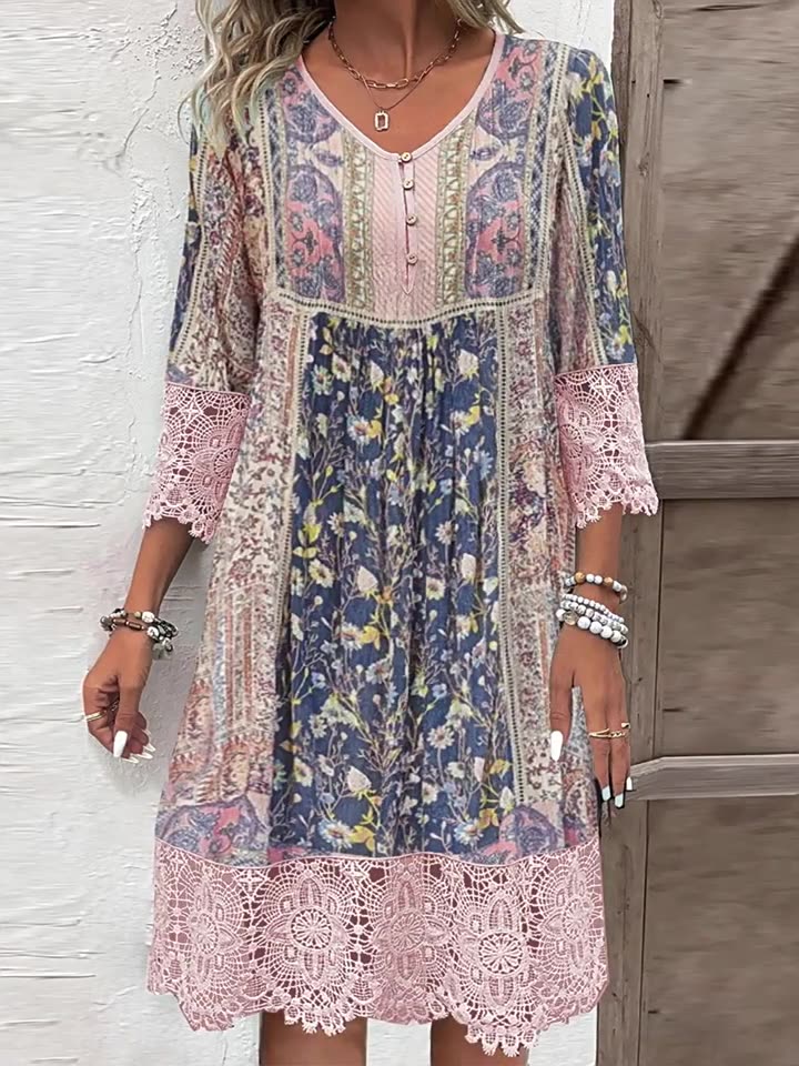Spring-Summer Vintage Printed Lace Trim Dress