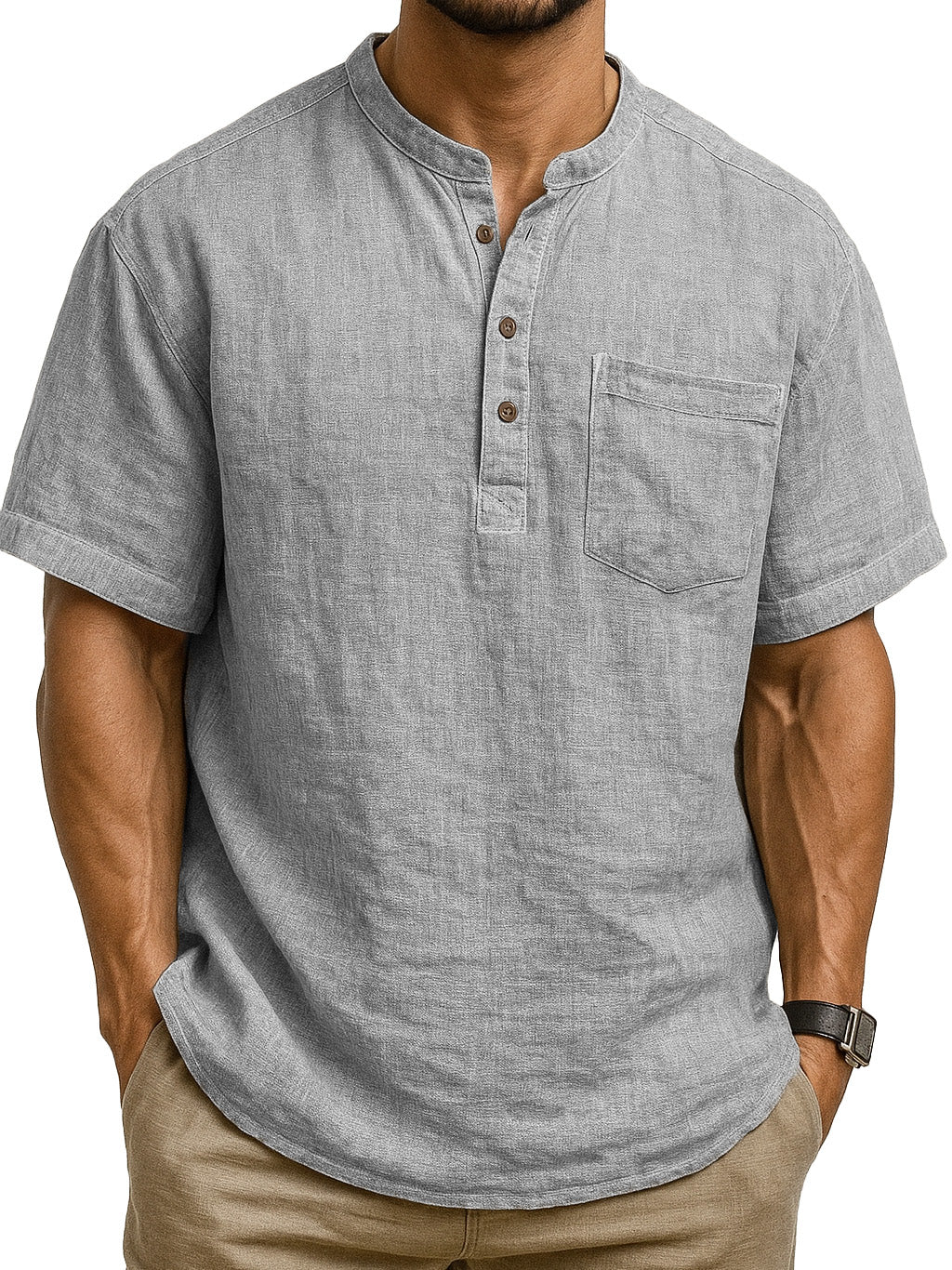 Men's Fashion Retro Ramie Fabric Pocket Short-sleeved Henley Shirt