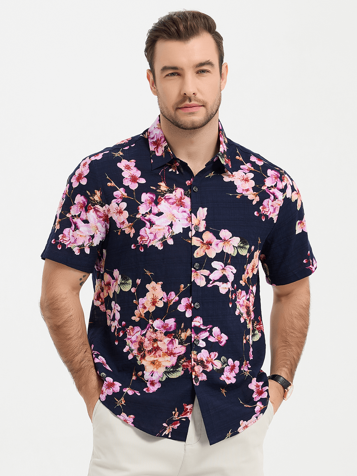 Men's Flower Print Cotton Floral Hawaiian Button Up Short Sleeve Shirt