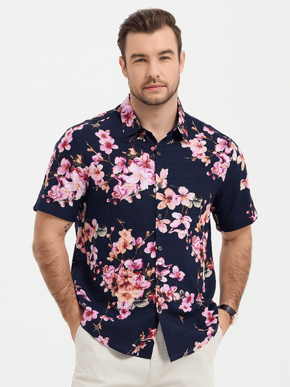 Men's Flower Print Cotton Floral Hawaiian Button Up Short Sleeve Shirt
