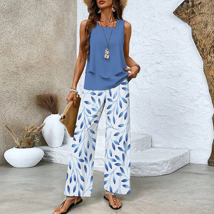 Green Plant Print Square Neck Two Piece Set