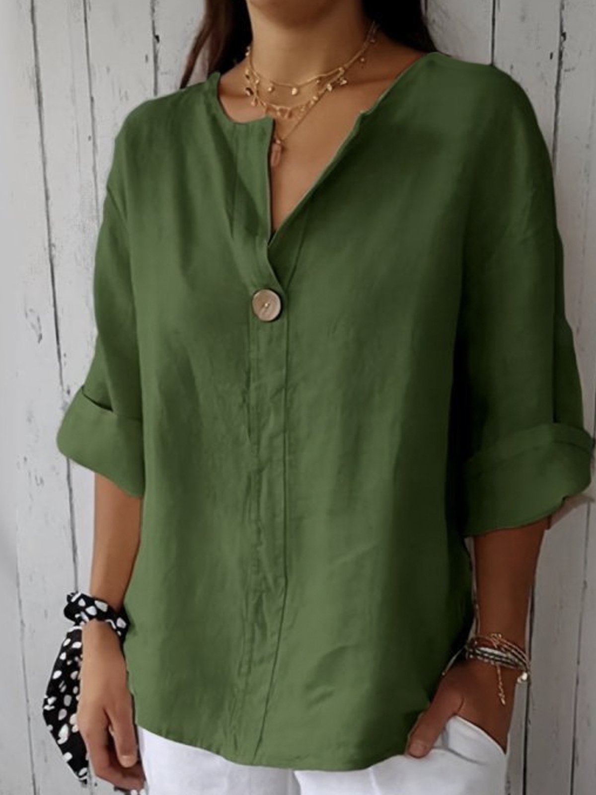 Linen V-Neck Casual Blouse