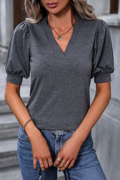 Puff Sleeve Solid Color V Neck Casual Tops