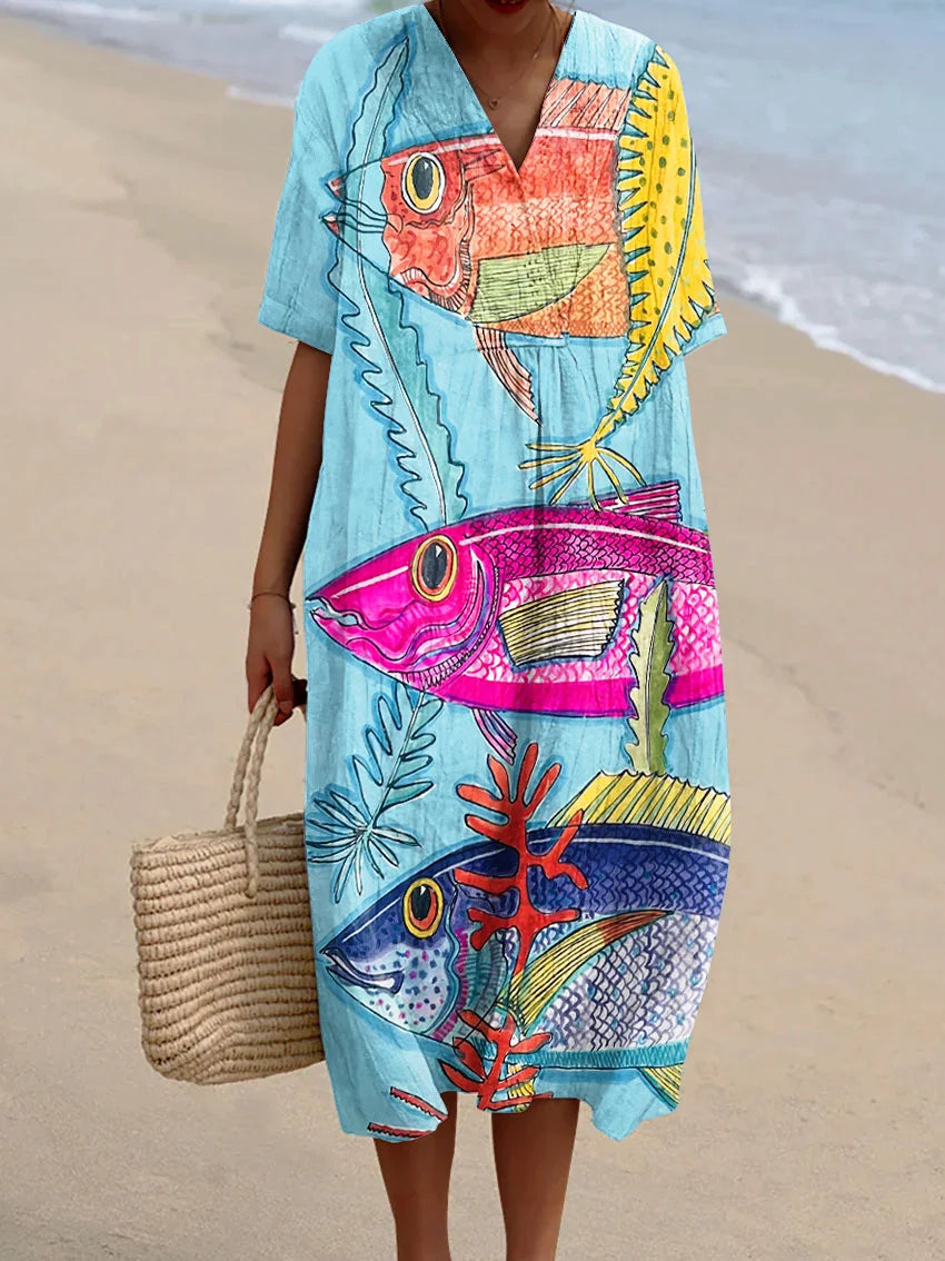 Women's Abstract Pattern Art Print Cotton Dress.