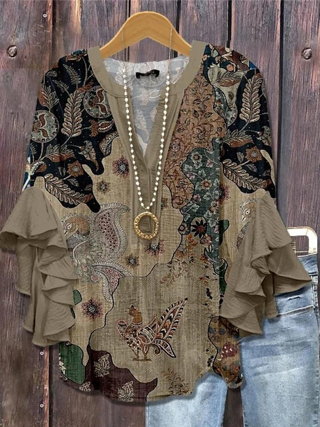 Women's vintage blouse-style multi-layer ruffled top with 3D printed vintage floral pattern, 3/4 length sleeves