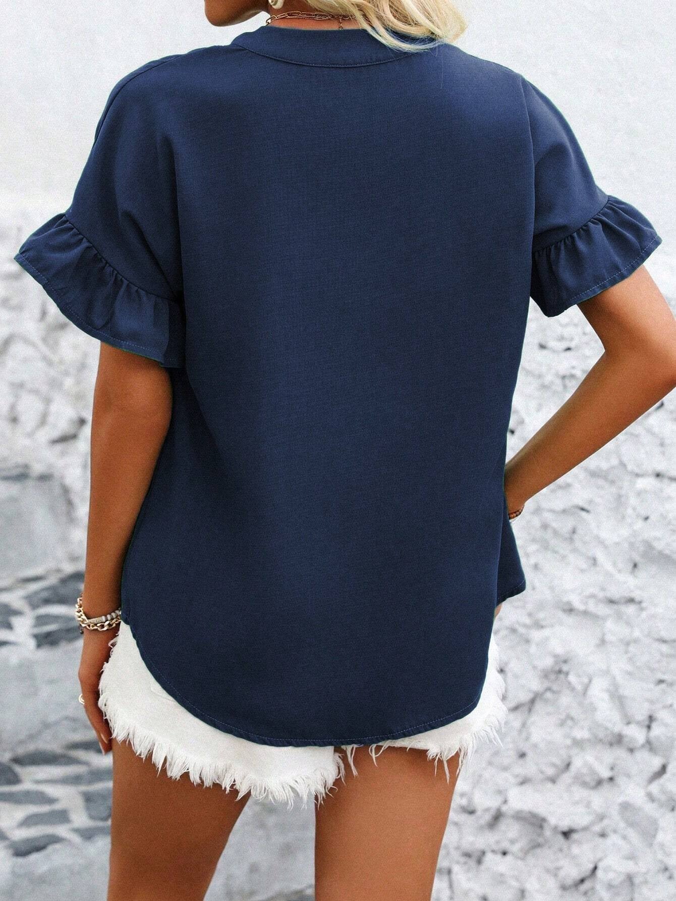 Casual short-sleeved gathered buttoned solid-color cotton-linen stand-collar shirt