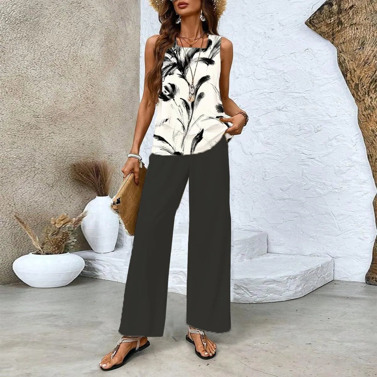 Green Plant Print Square Neck Two Piece Set