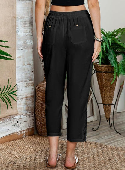 Fashionable Lace Paneled High-Waist Drawstring Pocket Buttoned Cropped Pants