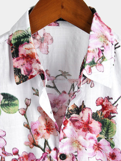Men's Flower Print Cotton Floral Hawaiian Button Up Short Sleeve Shirt