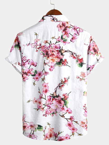 Men's Flower Print Cotton Floral Hawaiian Button Up Short Sleeve Shirt