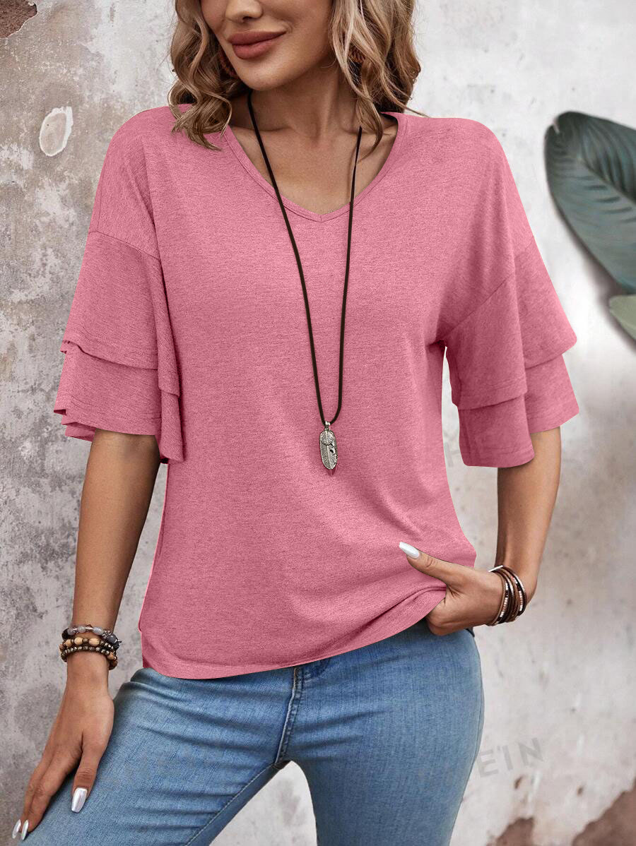 summer solid-color V-neck double-layer sleeve loose short-sleeve T-shirt