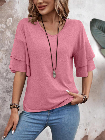 summer solid-color V-neck double-layer sleeve loose short-sleeve T-shirt