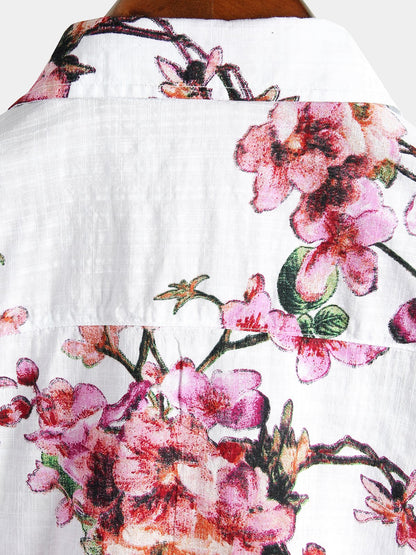Men's Flower Print Cotton Floral Hawaiian Button Up Short Sleeve Shirt